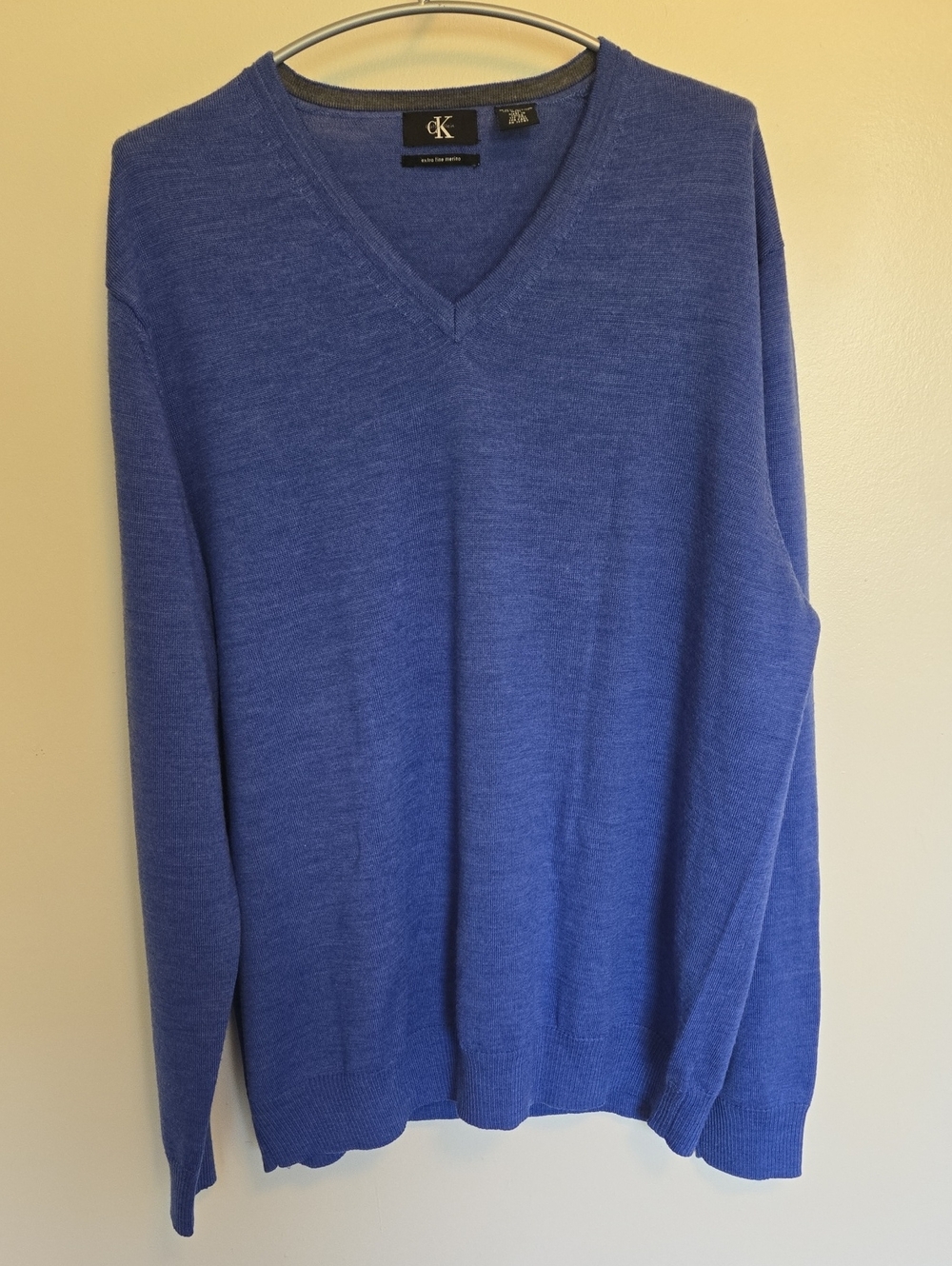 Calvin Klein Men's V-Neck Sweater 100% Extra Fine Merino Wool Blue XXL Office